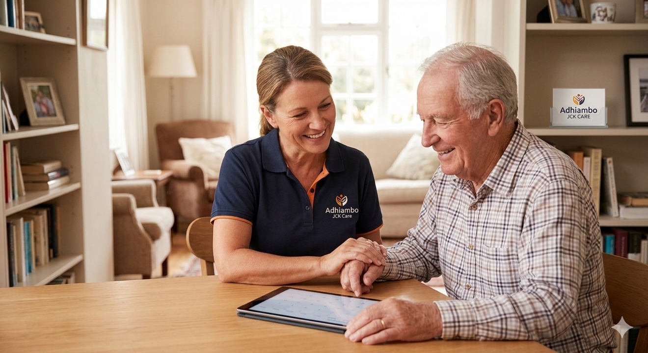 Adhiambo JCK Care caregiver supporting a senior man at home