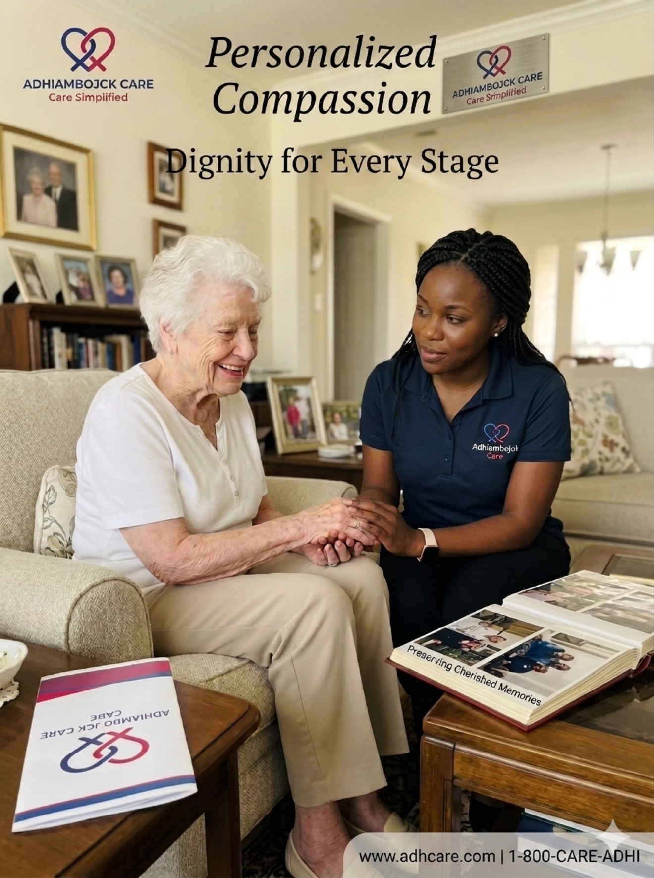 Adhiambo JCK Care caregiver sitting with a senior woman and looking through memories
